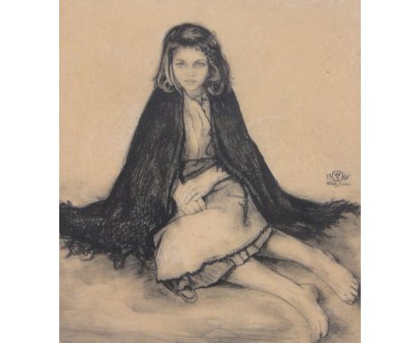 Walter Sauer (1889-1927),charcoal on wax paper, portrait of a young girl, signed and dated 1920, 16" x 14", framed.