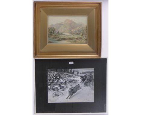 Carl Hennig,monochrome watercolour, hound chasing a hare, 12" x 16.5", A Colman, watercolour, Highland landscape 1890 and 19t