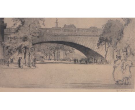 Etching, London street scene, indistinctly signed in pencil, p 7.5" x 14", framed.