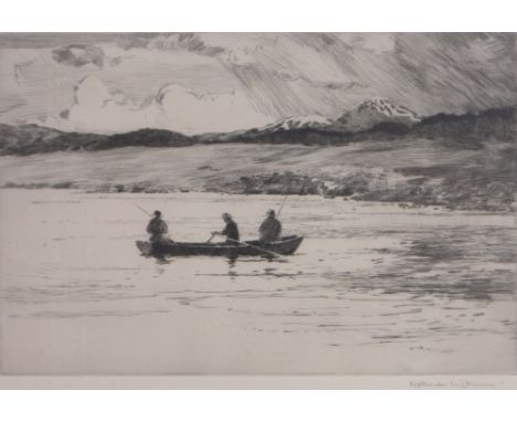 Norman Wilkinson (1878-1971),etching, three fishermen in a boat, signed in pencil, p 8" x 12", framed.