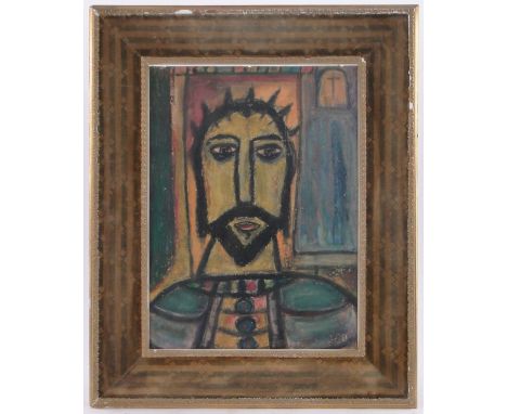 Mixed media crayon/oil on board, modernist portrait of a man, unsigned, 18" x 13", framed.
