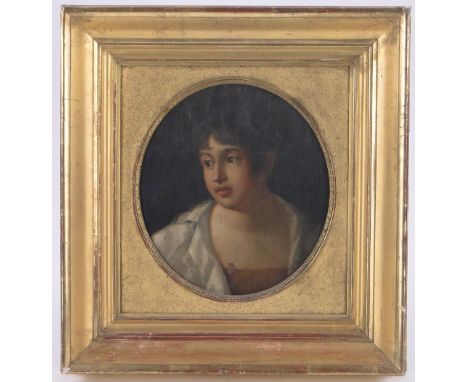18/19th century oil on canvas, head and shoulders portrait of a young man, unsigned, 11" x 9.5", framed.