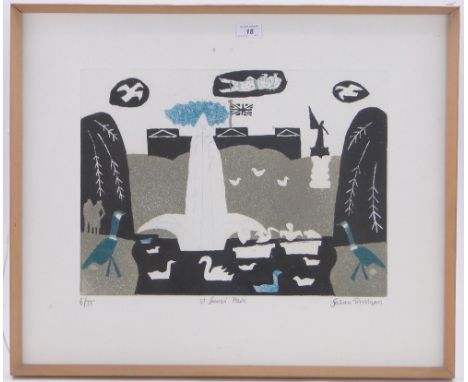 Julian Trevelyan (1910-1988),coloured etching, St. James Park, signed in pencil, no. 6/75, p 14" x 19", framed.