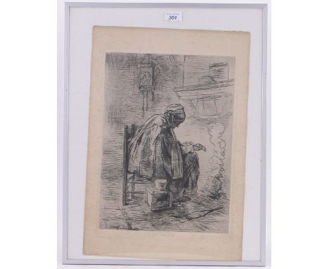 Jozef Israels (Dutch 1824-1911),etching, The Hearth, signed in the plate, p 16" x 11.5", framed.