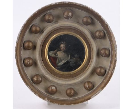 An 18th century miniature circular oil on board, Classical portrait of a young woman, indistinctly signed 2.75" across, carve