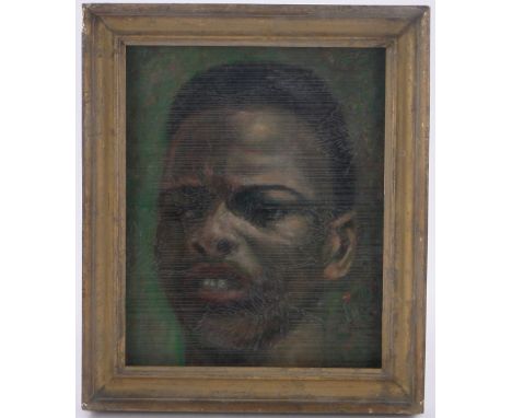 Oil on textured board, head portrait of a man, unsigned, 14" x 11", framed.