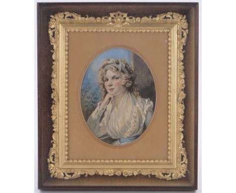 An ornate Victorian gilt gesso frame containing a hand coloured print, portrait of a lady, mounted in double glazed rosewood 