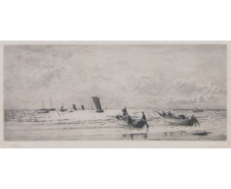 William Lionel Wyllie (1851-1931),etching, "Launching the Boats", signed in pencil, p 8.5" x 19", framed.