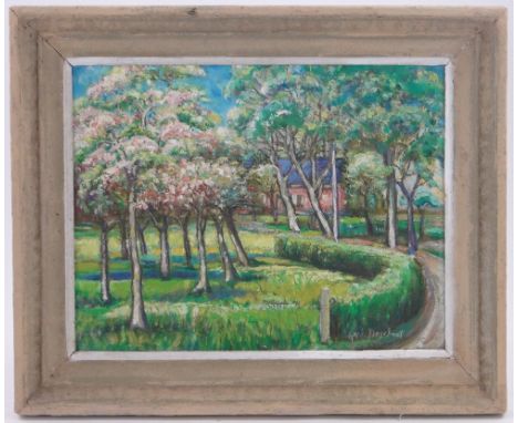 R Deschout,oil on board, view through an orchard, signed, 14" x 17", framed.