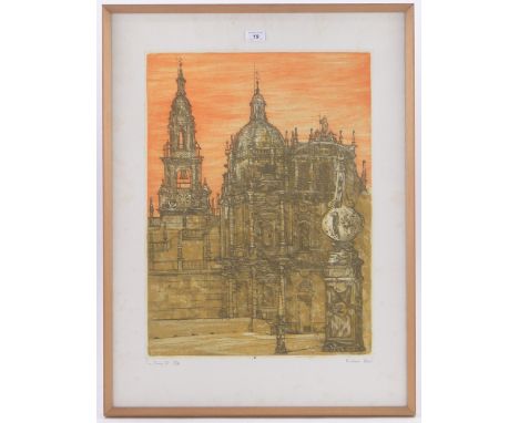 Richard Beer,coloured etching, Santiago II, signed in pencil, no. 10/75, p 23.5" x 17.5", framed.