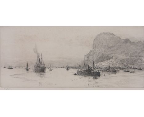 William Lionel Wyllie (1851-1931),etching, shipping off Gibraltar, signed in pencil, p 6.25" x 15", framed.