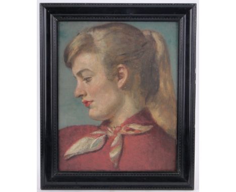 Arnold Mason (1885-1963),oil on board, portrait of Miss Vivien Pickles, unsigned, original label verso from the Royal Society