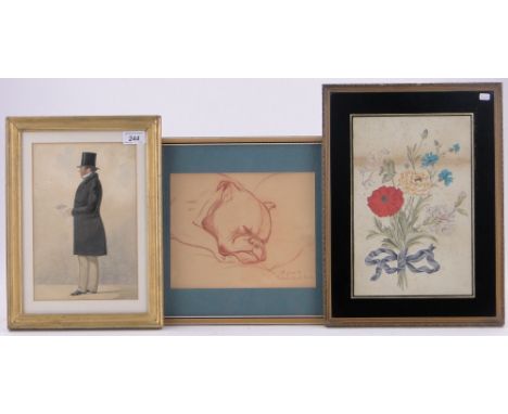 Five various watercolours and drawings, including 19th century caricature portrait of a gentleman and three 19th century Chin