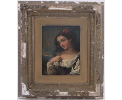 R Jones Barker,oil on panel, portrait of a young woman, unsigned with original handwritten label verso, 9" x 7", framed.