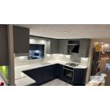 U Shaped Display Kitchen with Range of Dark Blue Base Units with Six Grey Wall Mounted Units