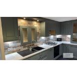 Display Kitchen with Blue Base Units & Five Wall Mounted Units with Quartz Work Top.