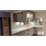 Display Kitchen with Cream Base Units & Two Wall Mounted Units with Quartz Work Top
