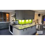 Wrap Around Display Kitchen with Green Splashback with Range of Base & Wall Units