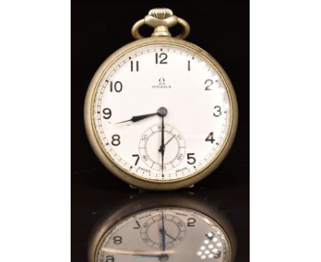 Omega keyless winding open faced pocket watch with inset subsidiary seconds dial, blued hands, black Arabic numerals, white e
