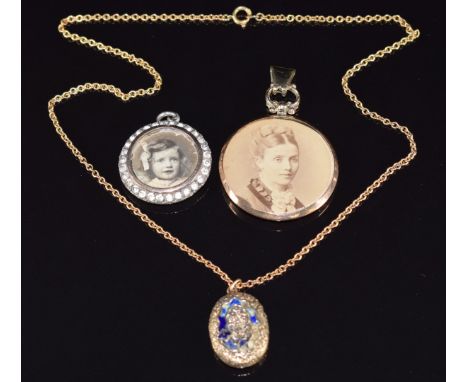 Victorian silver and gold locket set with paste, Victorian mourning locket set with hair and enamel on 9ct gold chain and a 9