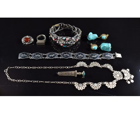 A pair of silver gilt earrings set with turquoise, white metal ring, white metal bangle set with garnet, coral, pearl and tur