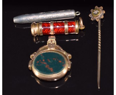 A 15ct gold stick pin set with a diamond, 9ct gold swivel fob set with bloodstone and agate, silver gold plated pencil in red