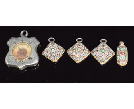 Four silver pendants/ charms set with micro mosaic and a compass charm/ pendant&nbsp;