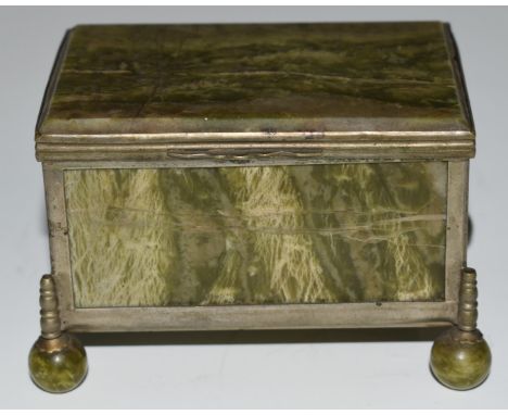 Marble jewellery casket with silver plated mounts and raised on four ball feet, width 9cm