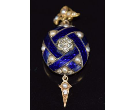 Edwardian blue enamel love token set with old cut diamonds and split peals, verso set with opalised back and hair, engraved '