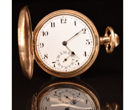 Swiss gold plated keyless winding full hunter pocket watch with subsidiary seconds dial, blued hands, black Arabic numerals, 