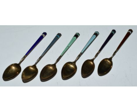 Norwegian or similar silver gilt and guilloché enamel set of six coffee spoons, length 9.5cm, weight 50g all in