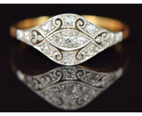 Art Deco&nbsp;18ct gold ring set with diamonds in a scrolling pierced platinum setting, 2.9g, size N