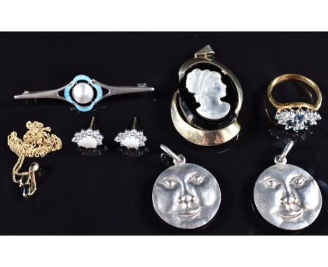 A silver brooch set with enamel and pearl, silver pendant set with a cameo, earrings set with opals, 9ct gold chain and penda