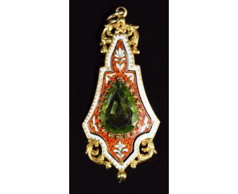 A late 19th/early 20thC gold pendant set with red and white enamel and to the centre a pear cut peridot, within a foliate bor