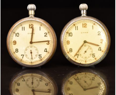 Two Cyma military issue keyless winding open faced pocket watches each with subsidiary seconds dials, luminous hands and Arab