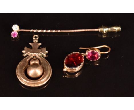 Victorian stick pin set with a diamond and ruby, Victorian 15ct gold earring set with foiled garnets/ paste and Victorian yel