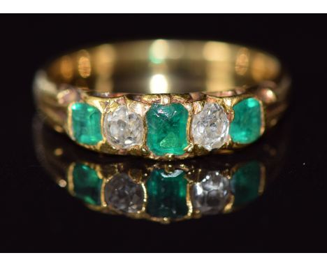 Victorian&nbsp;18ct gold ring set with alternating diamonds and emeralds, 3.5g, size K/L&nbsp;