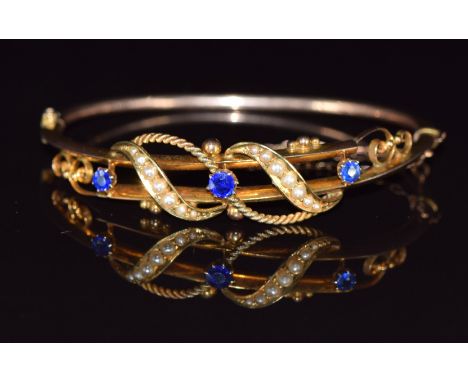 Edwardian 9ct gold bangle set with seed pearls and paste, Chester 1905, 7.3g, 4.7 x 5.5cm