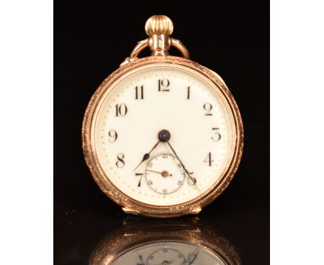 Unsigned 14ct gold keyless winding open faced pocket watch with blue enamel case back blued hands, Arabic numerals, cream dia