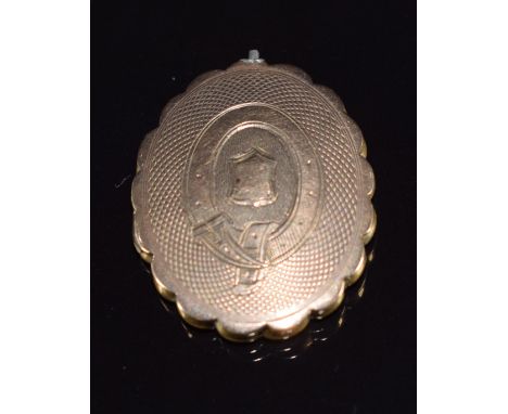 Victorian mourning locket with engraved buckle and engine turned decoration set with hair, 3 x 2.7cm&nbsp;