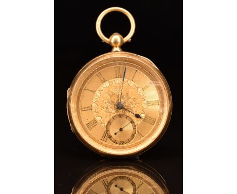 R Showering of Bristol 18ct gold open faced&nbsp;pocket watch with subsidiary seconds dial, blued hands, black Roman numerals