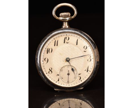 Huguenin continental silver keyless winding open faced pocket watch with signed niello case, dust cover marked 'Remontoir Anc