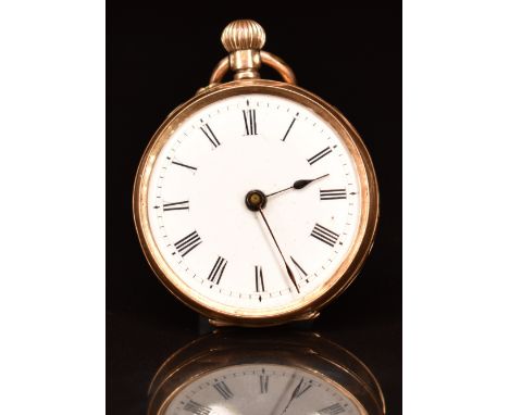 Unsigned 14ct gold keyless winding open faced pocket watch with blued hands, black Roman numerals, white enamel dial and unsi