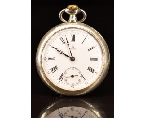 Omega keyless winding open faced pocket watch with inset subsidiary seconds dial, blued hands, black Roman numerals, white en