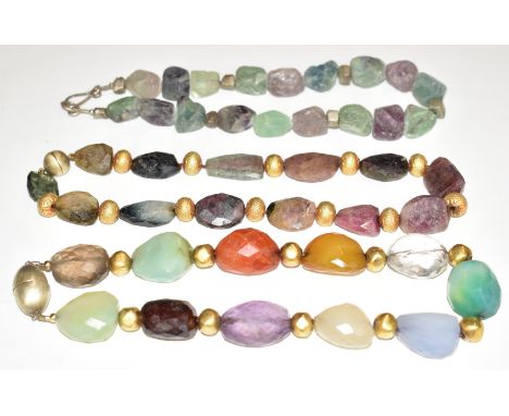 Three beaded necklaces comprising one fluorite with silver spacers and silver clasp, Prevost ruby and tourmaline with gilt sp