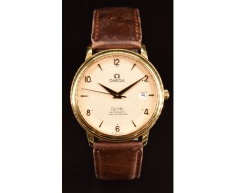 Omega De Ville Automatic Chronometer 18ct gold gentleman's wristwatch ref. 168.1055 with date aperture, gold hands and Arabic