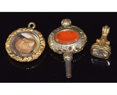 Victorian locket with engine turned decoration and set with hair, Victorian seal and a Victorian watch key set with agate&nbs