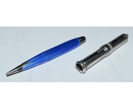 Silver pen set with blue guilloché enamel, marked 935 foreign, length 7.5cm and an Edward VII hallmarked silver pencil holder