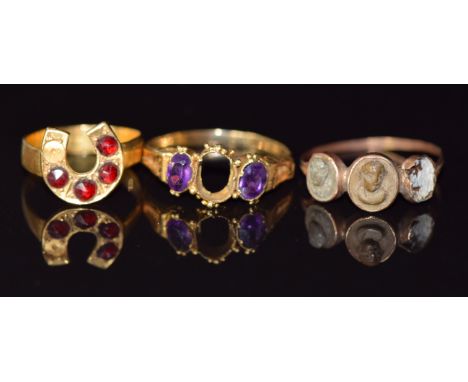 Victorian 22ct gold&nbsp;ring set with garnets (1.8g) and two Victorian 9ct gold rings set with lava cameos and amethyst, 2g&