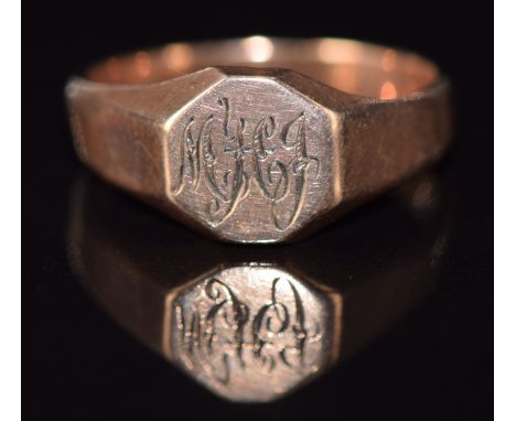 A c1920 9ct rose gold signet ring with octagonal face, 3g, size K/L&nbsp;